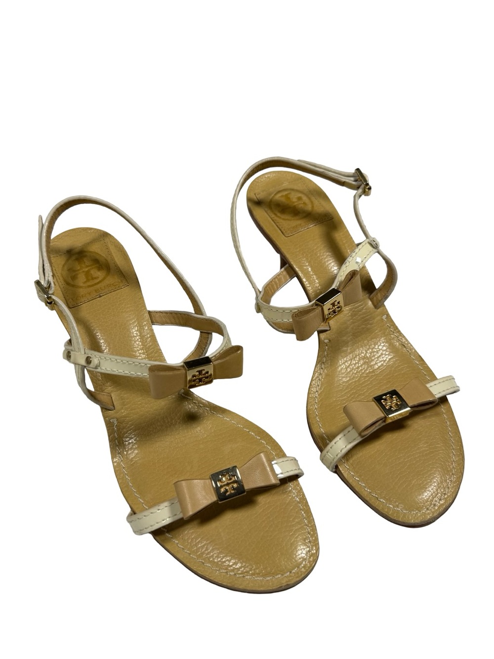 Tory Burch Kailey Patent Leather Bow Sandals Womens 8.5M Cream Tan Heels